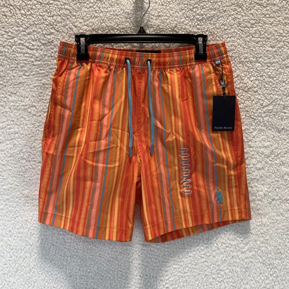 Psycho Bunny Men's Swim Shorts S Trunks Anton All Over Stripe‎ Nectarine Liner